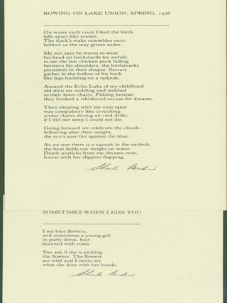Item #295216 Rowing on Lake Union, Spring, 1978; and, Sometimes When I Kiss You (2 broadsides)....