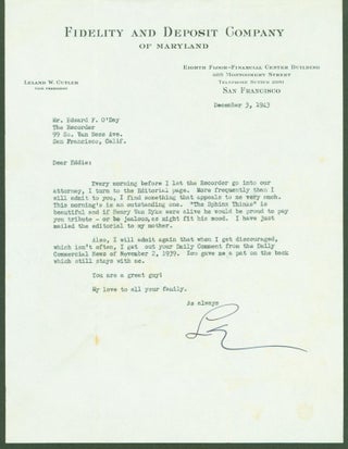 Item #295364 typed letter signed. Leland W. to Edward F. O'Day Cutler