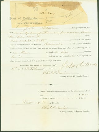 Item #295523 State of California, County of El Dorado (affadavit for ownership of land, 1871)....