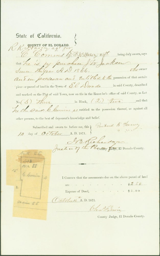 Item #295528 State of California, County of El Dorado (affadavit for land ownership). R. K. . C. Comins . J. B. Richardson . Chas. F. Irwin Harvey, agent, owner, Justice of Peace, county judge.