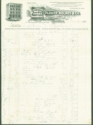 Item #295542 Parker, Holmes & C0., Wholesale Dealers in Boots, Shoes and Rubbers, Boston...