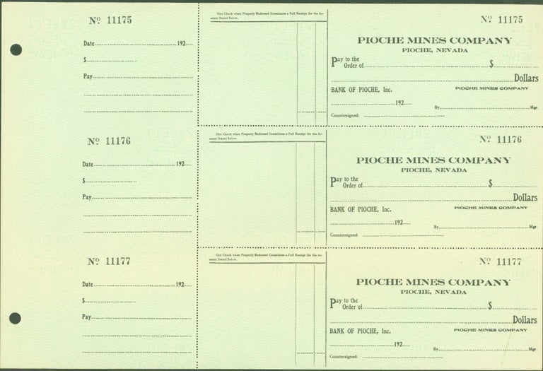 Item #295647 Pioche Mines Company, Pioche Nevada, Bank of Pioche, Inc. (sheet of 3 blank checks). Pioche Mines Company.