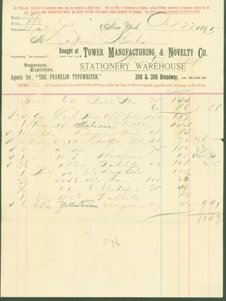 Item #295653 Tower Manufacturing & Novelty Co. Stationaery Warehouse, New York (billhead). Tower...