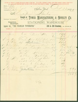 Item #295653 Tower Manufacturing & Novelty Co. Stationaery Warehouse, New York (billhead). Tower...