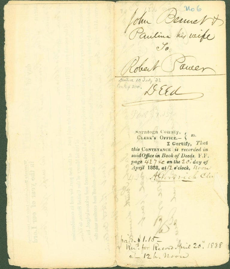Item #295730 Indenture for land sale between John Bennet and his wife Pauline (Hope, Montgomery County) and Robert Power (Halfmoon, Saratoga County), New York, 1832. John Bennet, wife Pauline, Robert Power.