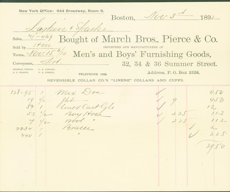 Item #295735 March Bros., Pierce & Co., importers and manufacturers of Men's and Boys Furnishing Goods, Boston, 1892 (billhead). Pierce March Bros., Co.