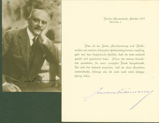 Item #295748 printed note signed (Berlin, October, 1917); photograph, signed (2 items). Hermann...