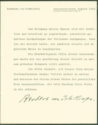 Item #295749 printed note signed by Barbara von Schillings. Barbara von Schillings