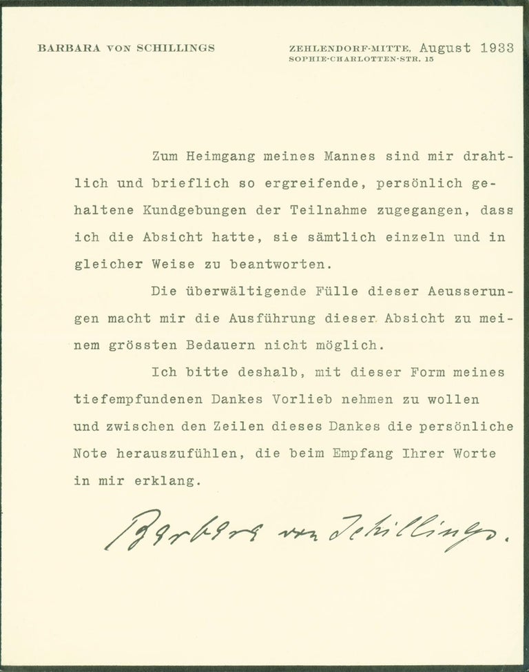 Item #295749 printed note signed by Barbara von Schillings. Barbara von Schillings.