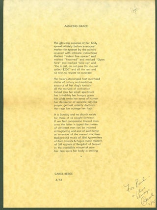 Item #295932 Amazing Grace (broadside). Carol Berge