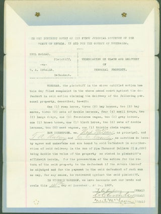 Item #295954 Neil McLean, plaintiff, vs. W. A. Ingalls, defendant (undertaking on claim and...