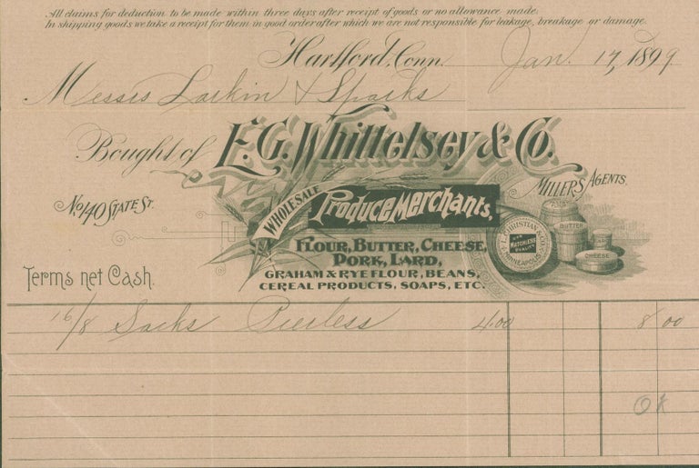 Item #296295 F. G. Whittelsey & Co., Wholesale Produce Merchants, Hartford, Conn., 1899 (billhead). F. G. Whittelsey, Co.