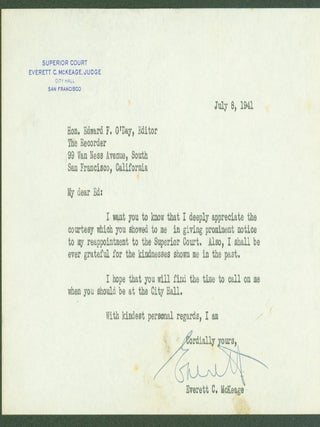 Item #296297 typed letter signed. Everettt C. to Edward F. O'Day McKeage