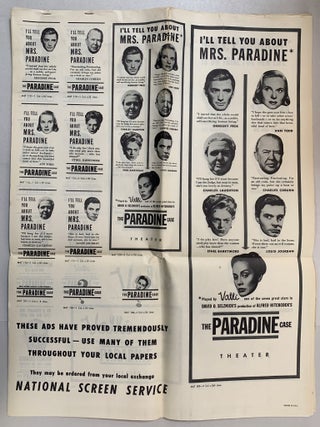 Item #296487 The Paradine Case (ad campaign for movie). Robert . Alma Reville Hichens, David O....