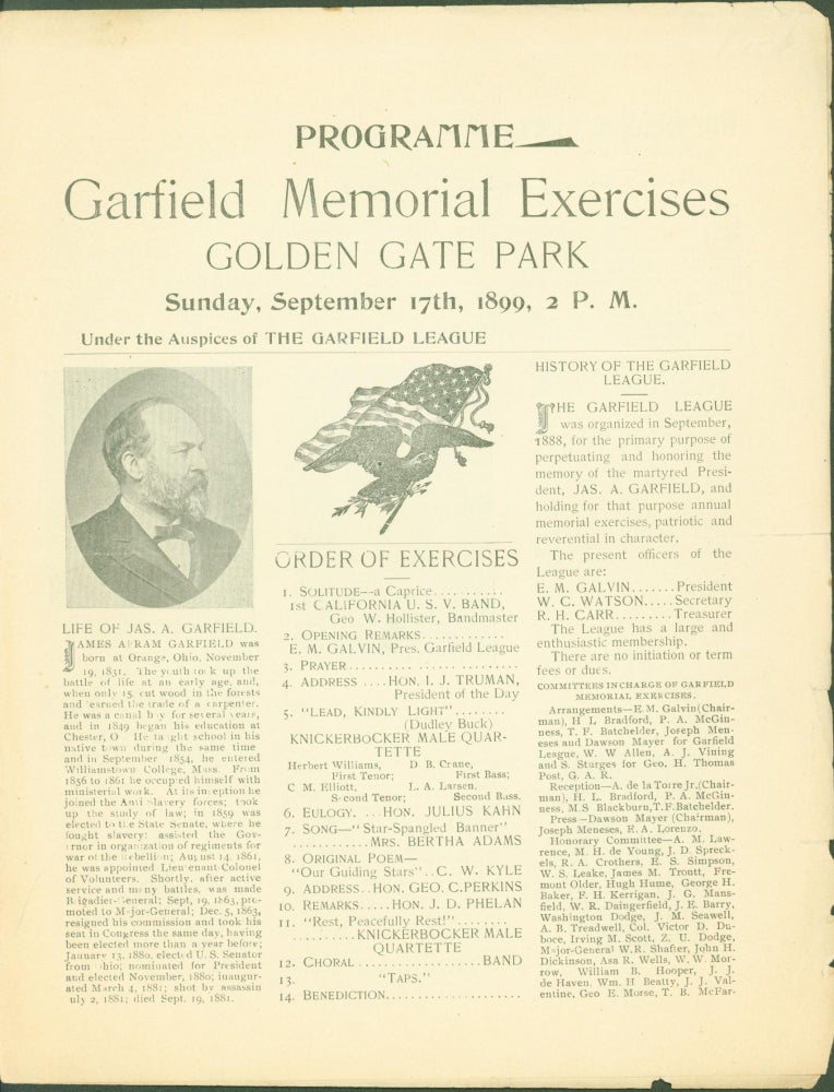 Item #296965 Programme Garfield Memorial Exercises Golden Gate Park, Sunday, September 17th, 1899, 2 p.m. The Garfield League.