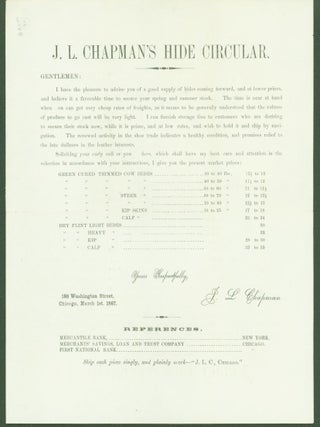 Item #297006 J. L. Chapman'a Hide Circular (Chicago, 1867) (advertising broadside). J. L. Chapman