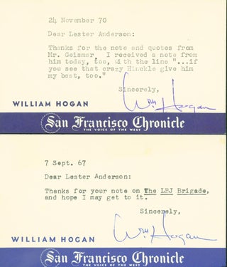 Item #297656 typed signed postcards (2 items). William to Lester Anderson Hogan