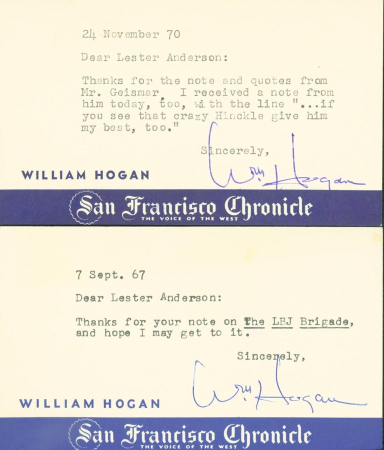 Item #297656 typed signed postcards (2 items). William to Lester Anderson Hogan.