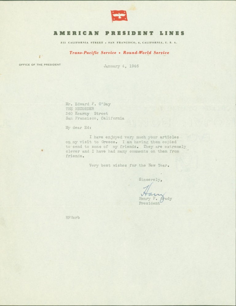 Item #297664 typed letter signed. Henry F. to Edward F. O'Day Grady.