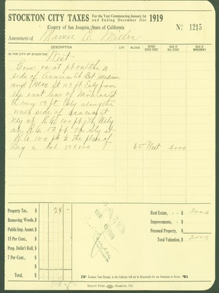 Item #297694 Stockton City Taxes 1919 (receipt for taxes paid). San Joaquin County. Mamie E....