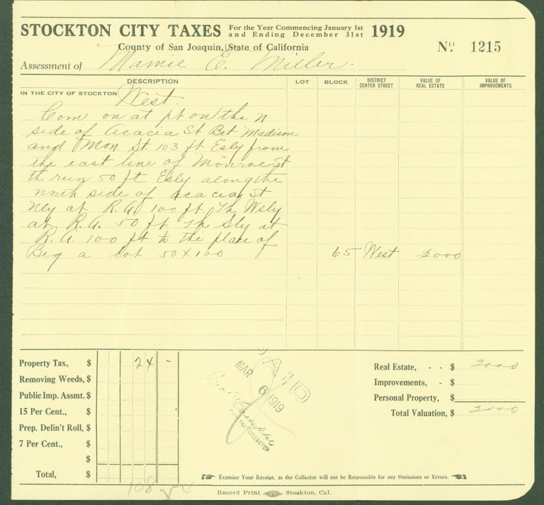 Item #297694 Stockton City Taxes 1919 (receipt for taxes paid). San Joaquin County. Mamie E. Miller Stockton City.