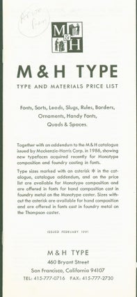 Item #298581 M & H Type: Type and Materials Price List 1991 (Arion Press). M, H Type. Arion Press