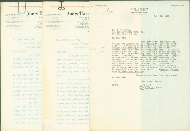 Item #298596 typed letters signed (3 letters). L. W. to Edward F. O'Day Harris, Ames Harris Neville Co.