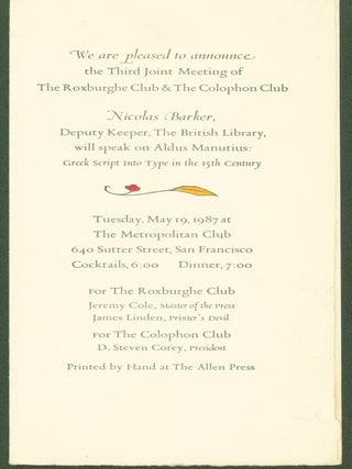 Item #298703 The Roxburghe and the Colophon Club Meeting (announcement). Nicolas. The Roxburghe...