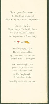 Item #298703 The Roxburghe and the Colophon Club Meeting (announcement). Nicolas. The Roxburghe...