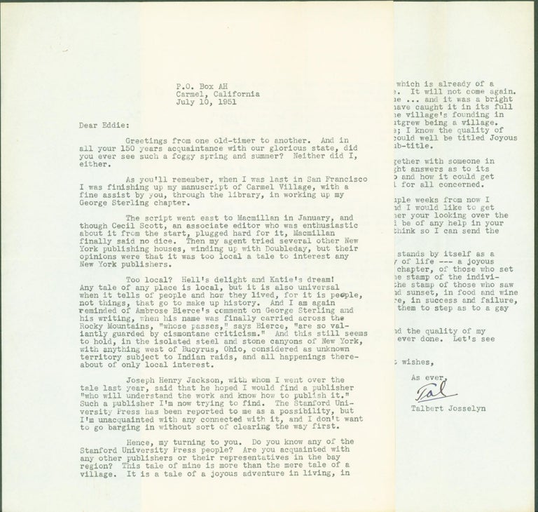 Item #298904 typed letter signed. Talbert to Edward F. O'Day Josselyn.