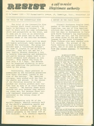 Item #300719 Resist: a call to resist illegitimate authority. Newsletter #16. 23 September. 1968;...