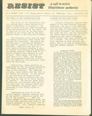 Item #300719 Resist: a call to resist illegitimate authority. Newsletter #16. 23 September. 1968;...