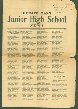 Item #300796 Horace Mann Junior High School News. Vol. 1, No. 1, June, 1922. Joseph Jellen,...