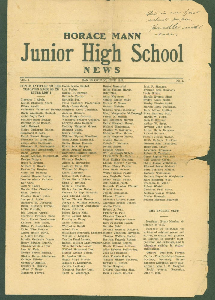 Item #300796 Horace Mann Junior High School News. Vol. 1, No. 1, June, 1922. Joseph Jellen, -in-chief.