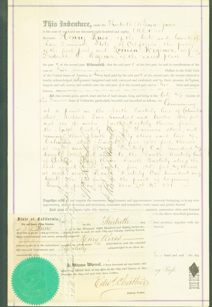 Item #304038 Deed for land between Henry Russ and Louisa and Frederick Wegener, both of San Francisco, 1880. Henry Russ, Louisa, Frederick Wegener.