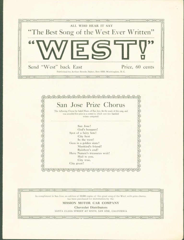 Item #304972 'West!' 'The Best Song of the West Ever Written' (sheet music). Arthur Brooks Baker, words and music.
