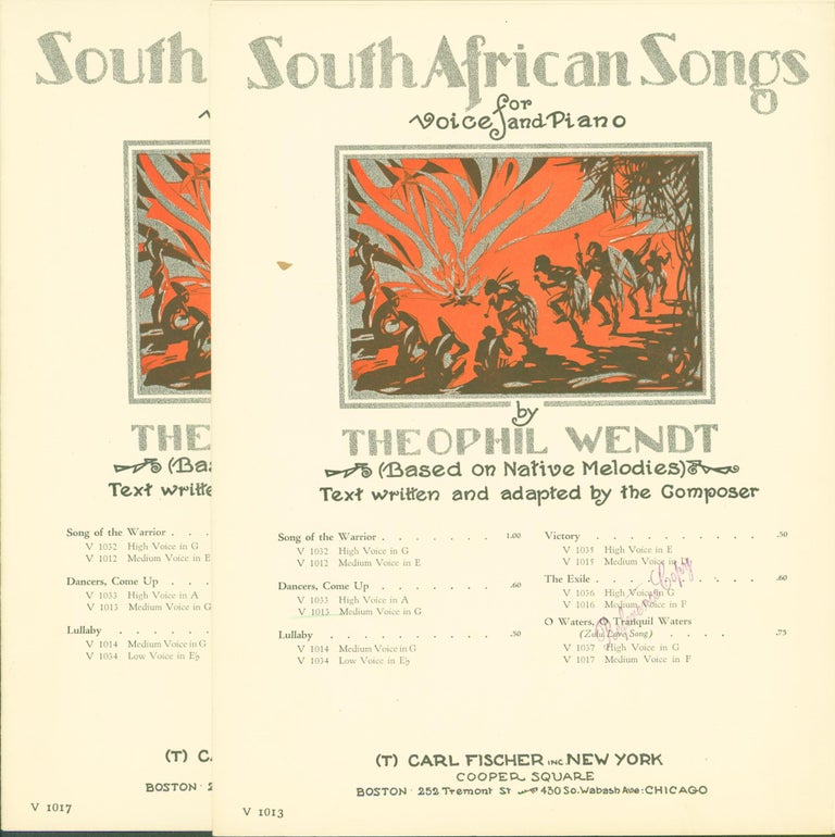 Item #305239 South African Songs for Voice and Piano: 'Dancers, Come Up', V 1013; and 'O Waters, O Tranquil Waters', V 1017 (sheet music, 2 items). Theophil Wendt.