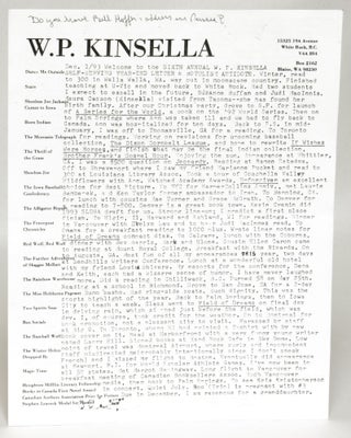 Item #91357 Sixth Annual W. P. Kinsella Self-Serving Year-end Letter & Botulism Antidote. W. P....